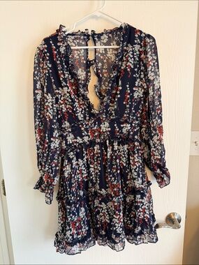 Amazon Navy Floral Tiered Long Sleeve Mini Dress